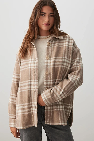 Ardene Oversized Plaid Shirt Jacket in Beige | Size Small | Polyester/Cotton/Viscose