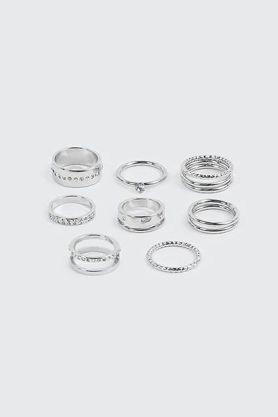 Ardene 8-Pack Assorted Rings in Silver | Size Small