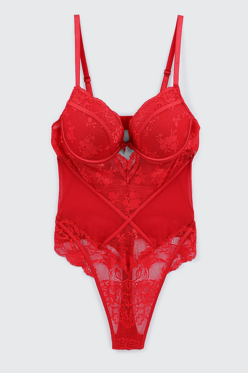 Ardene Luxe Lace Push Up Teddy in Red | Size | Nylon/Spandex