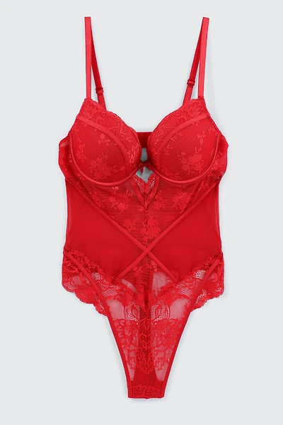 Ardene Luxe Lace Push Up Teddy in Red | Size | Nylon/Spandex