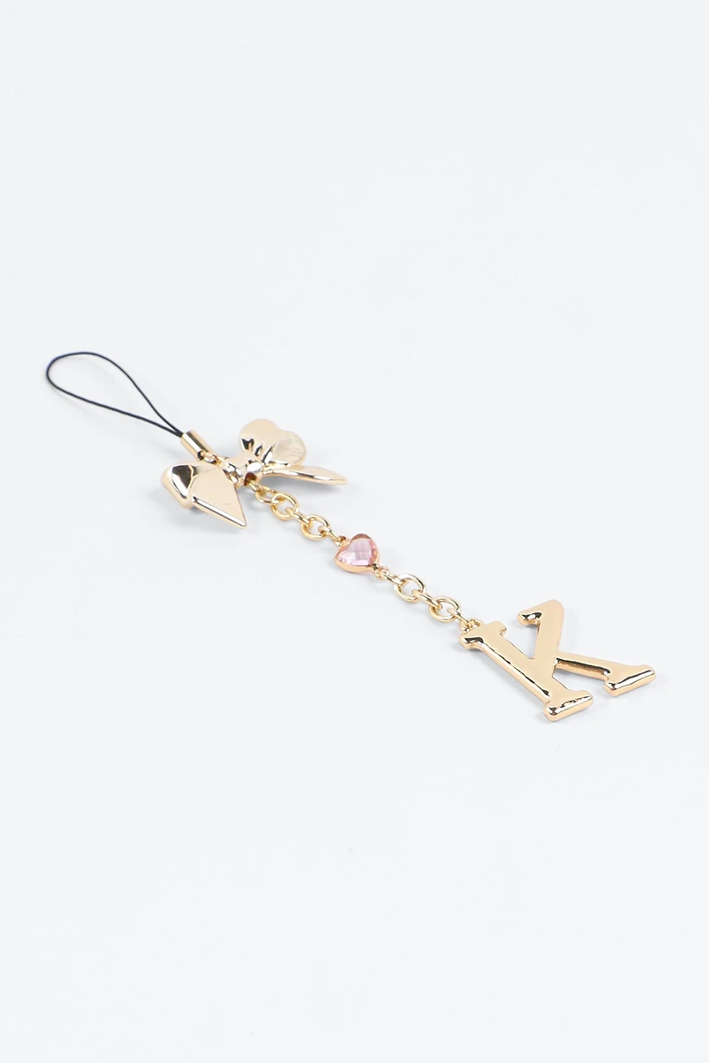 Breloque téléphone brillante lettre K avec boucle