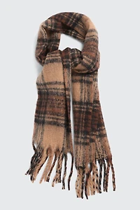 Ardene Rectangular Plaid Scarf with Fringes in Brown | Polyester