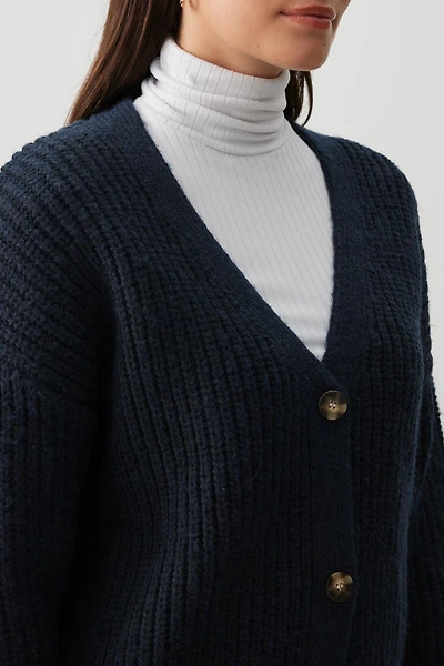 Ardene V-Neck Rib Cardigan in Dark Blue | Size | Polyester/Nylon | Eco-Conscious