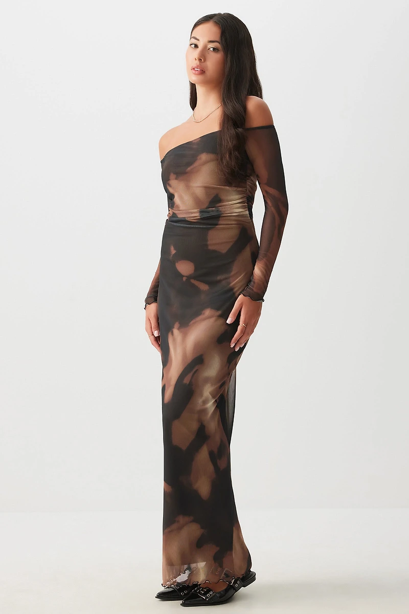 Ardene Off Shoulder Maxi Mesh Dress in | Size | Polyester/Spandex
