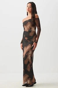 Ardene Off Shoulder Maxi Mesh Dress in | Size | Polyester/Spandex