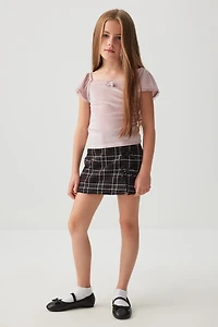 Ardene Kids Plaid Skort with Bow Details in Black | Size | Polyester/Spandex/Viscose
