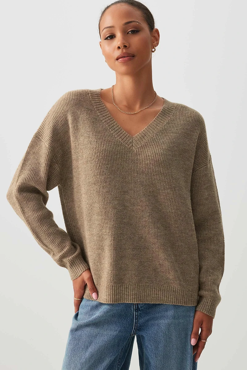 Ardene Rib V-Neck Sweater in Beige | Size | Polyester/Polyamide
