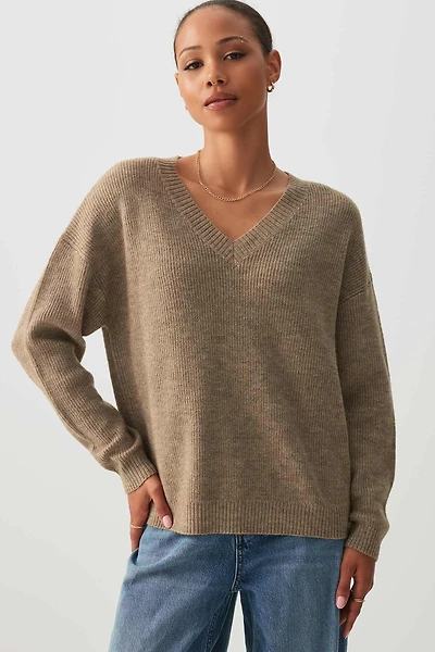 Ardene Rib V-Neck Sweater in Beige | Size | Polyester/Polyamide