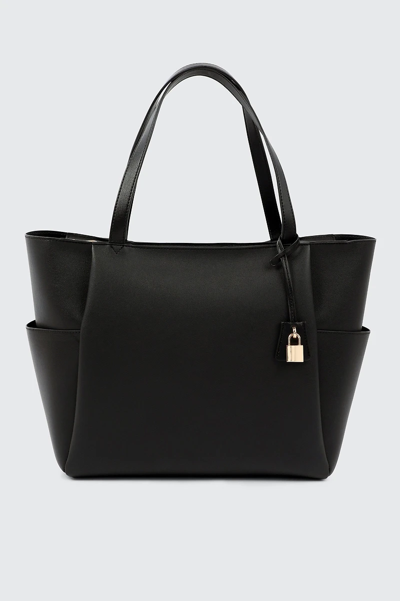 Ardene Faux Leather Tote Bag with Padlock Charm in Black