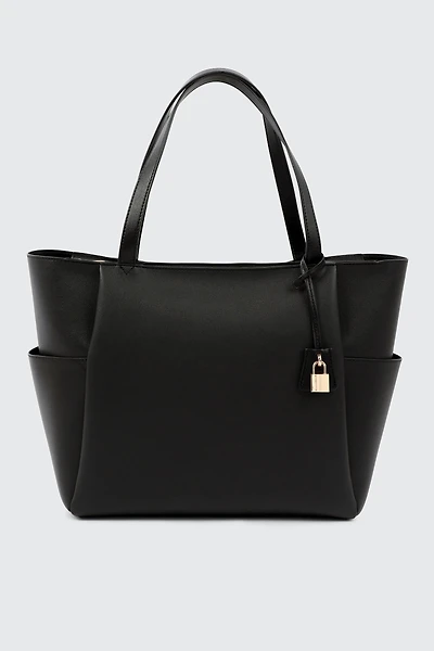 Ardene Faux Leather Tote Bag with Padlock Charm in Black
