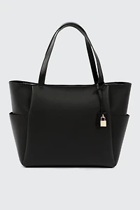 Ardene Faux Leather Tote Bag with Padlock Charm in Black