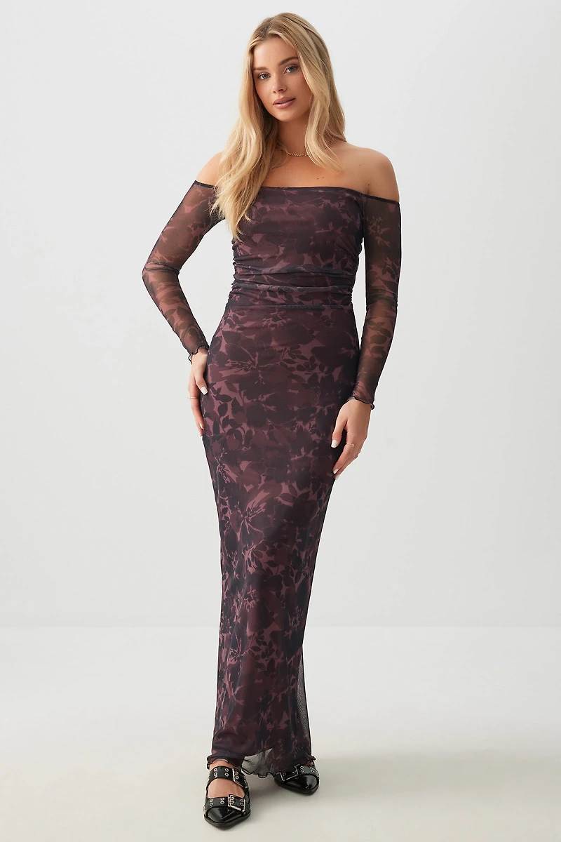 Ardene Off Shoulder Maxi Mesh Dress in Burgundy | Size | Polyester/Spandex
