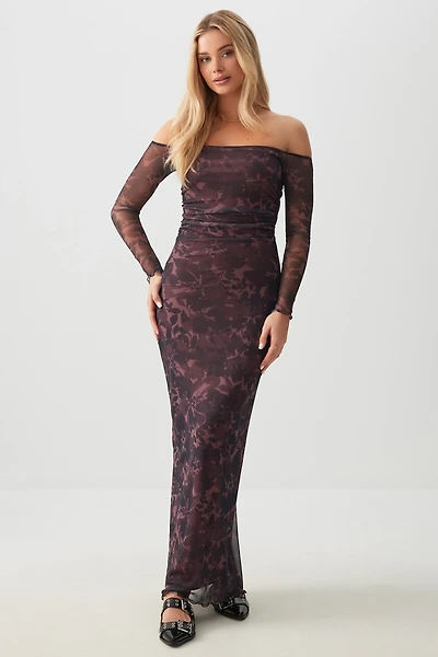 Ardene Off Shoulder Maxi Mesh Dress in Burgundy | Size | Polyester/Spandex