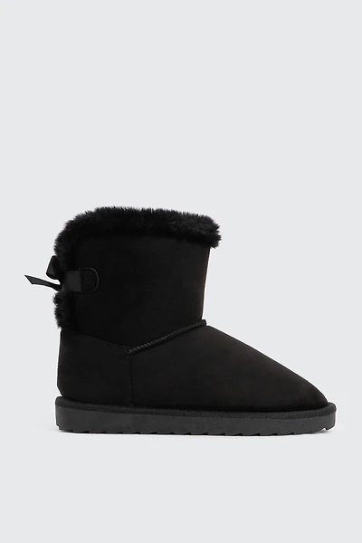 Ardene Platform Faux Sheepskin Boots with Bow in Black | Size | Faux Suede | Eco-Conscious