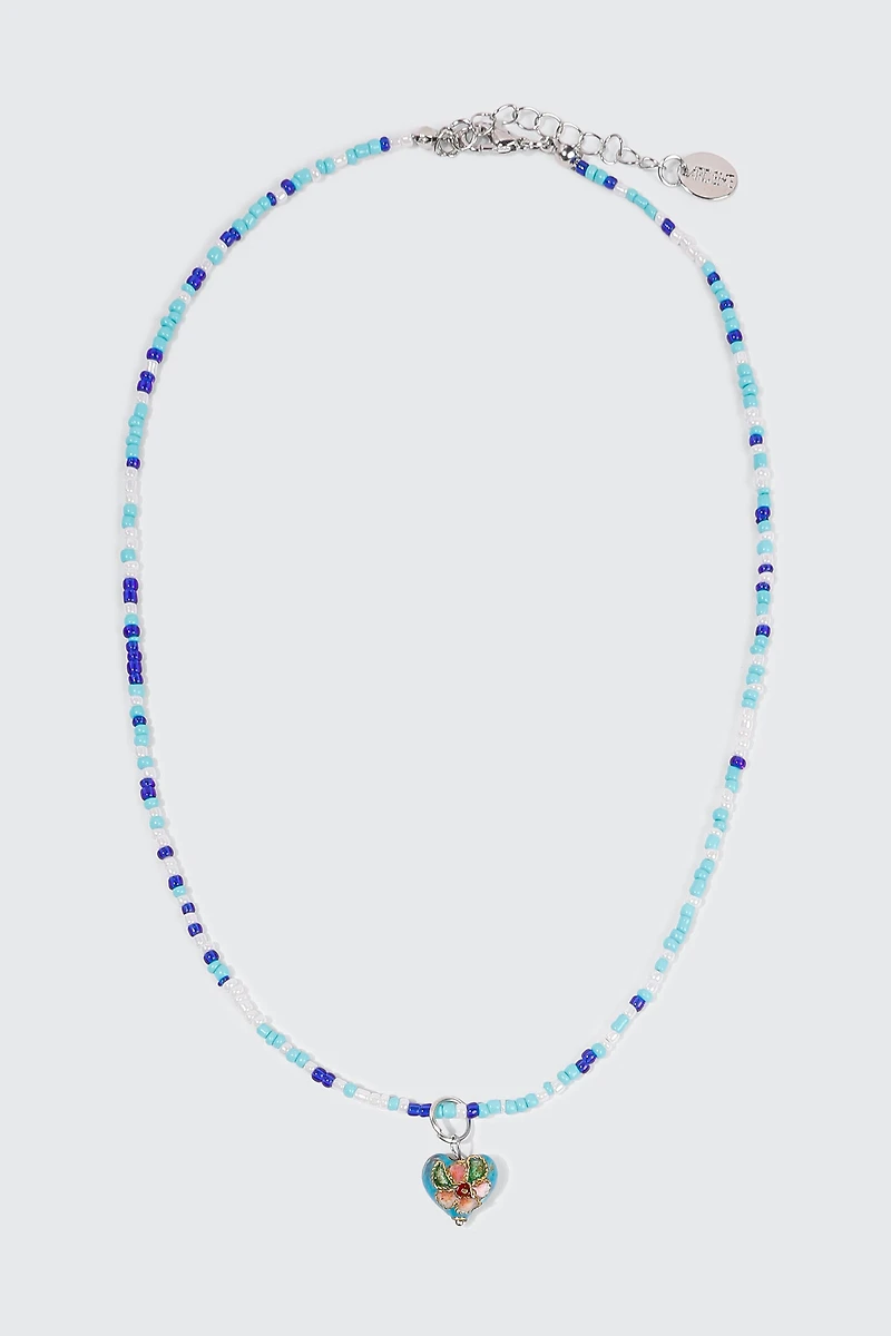 Ardene Floral Heart Seedbead Necklace in Medium Blue