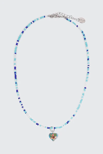 Ardene Floral Heart Seedbead Necklace in Medium Blue