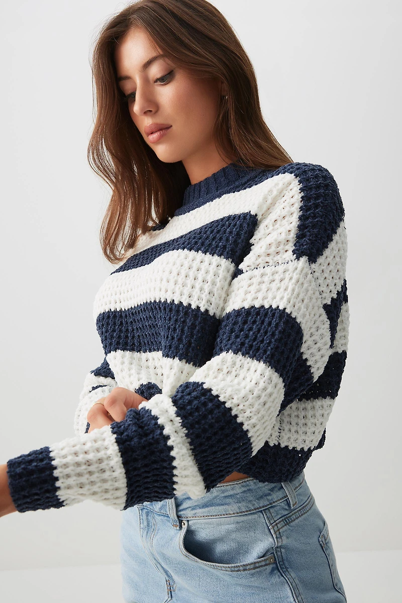 Ardene Striped Shaker Stitch Chenille Sweater in Dark Blue | Size | Polyester/Nylon