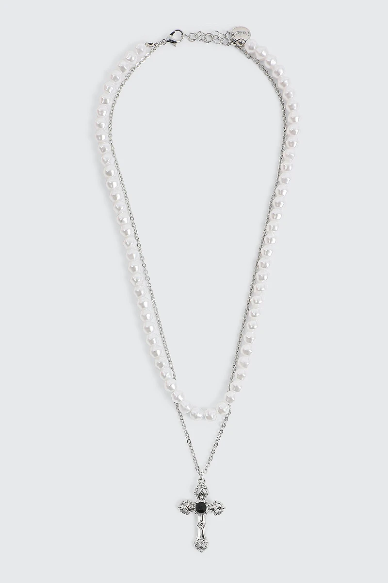 Ardene Two-Row Pearl & Cross Necklace in Silver