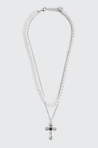Ardene Two-Row Pearl & Cross Necklace in Silver