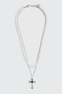 Ardene Two-Row Pearl & Cross Necklace in Silver