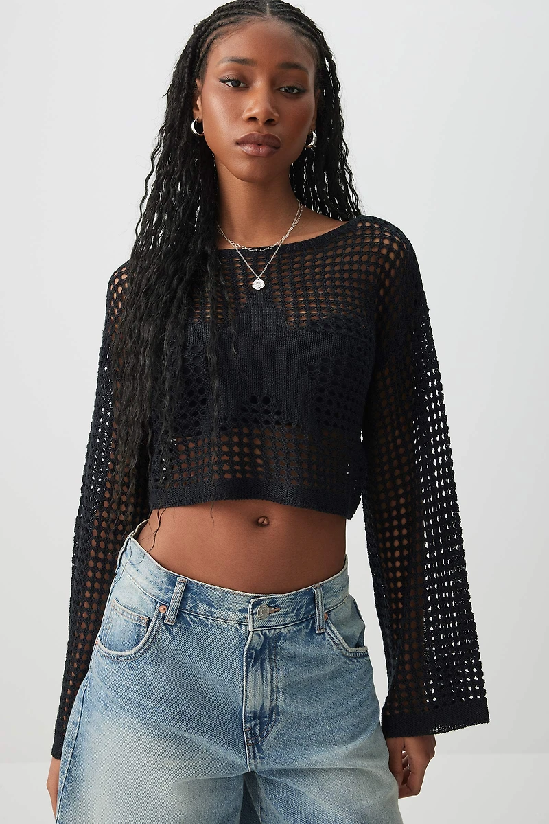 Ardene Star Crochet Sweater in Black | Size | 100% Acrylic