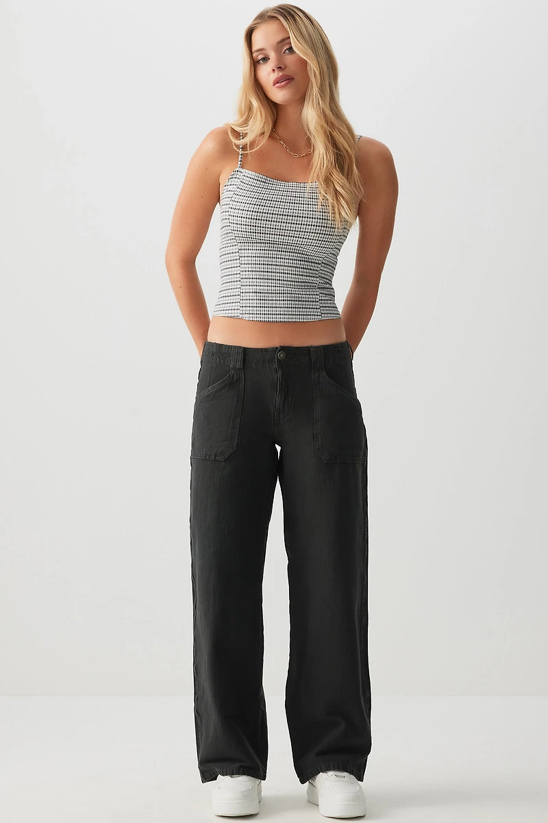 Ardene Washed Twill Relaxed Straight Leg Pants in Dark Grey | Size | Spandex/Cotton