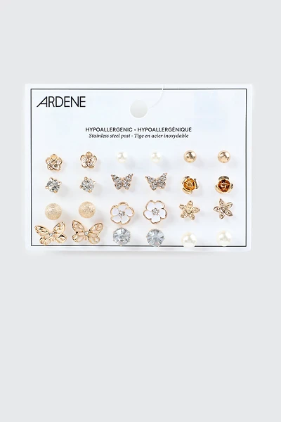 Ardene 12-Pack Flower & Butterfly Earrings in Gold | Stainless Steel