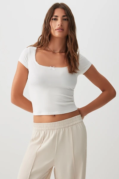 Ardene Lace Trim Scoop Neck Crop T-Shirt in White | Size | Polyester/Elastane