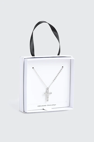 Collier croix plaqué or blanc 14K