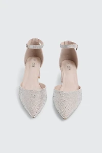 Escarpins à talon bloc ornés de pierres du Rhin