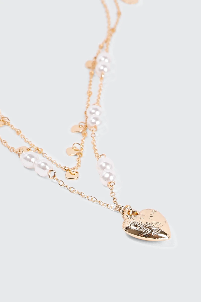 Collier deux rangs à cœur et perles