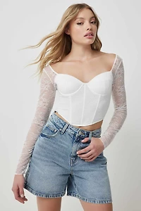 Ardene Mesh & Lace Long Sleeve Bustier Top in White | Size | Polyester/Elastane/Polyamide