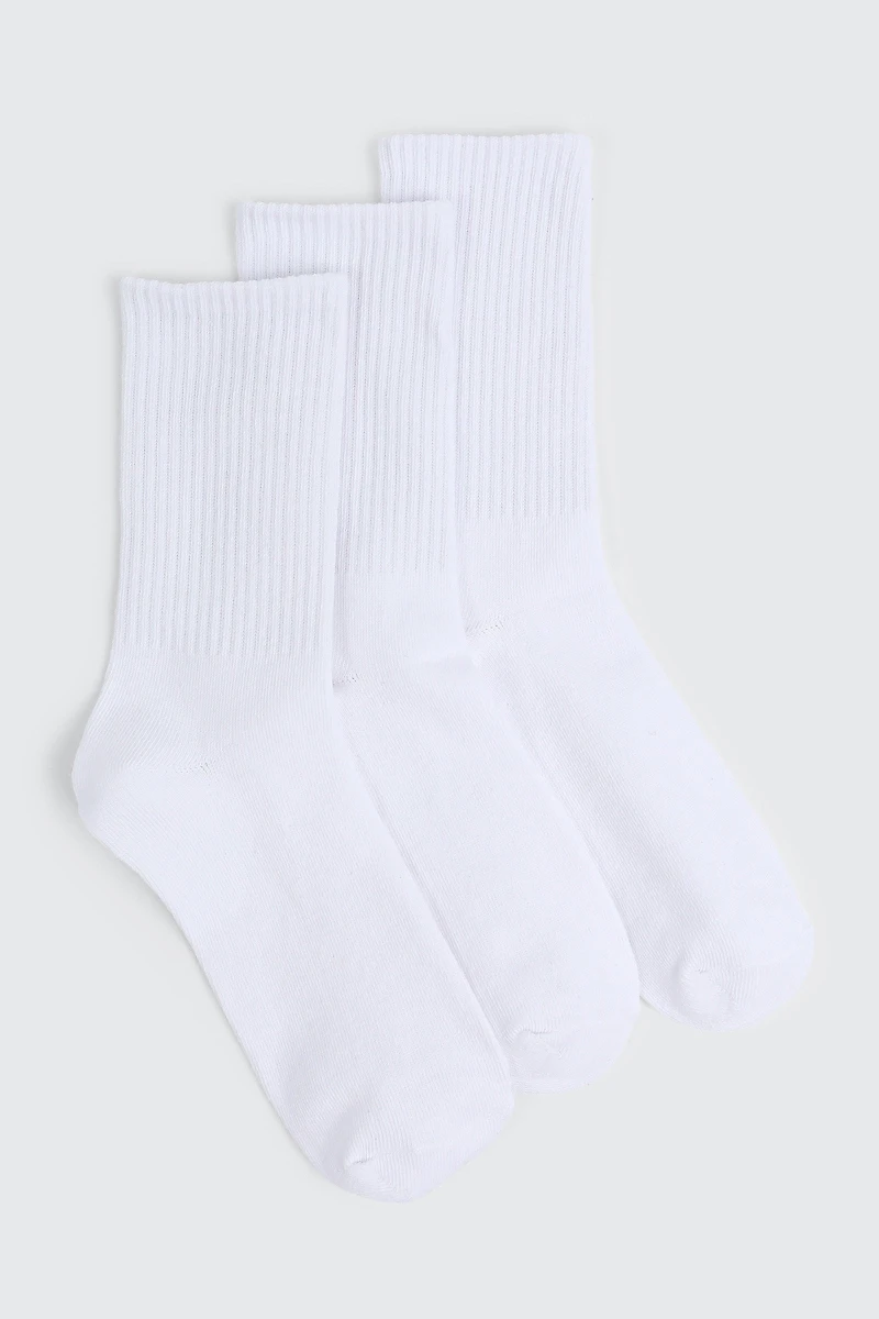 Ardene 3-Pack Ribbed Crew Socks in White | Polyester/Spandex