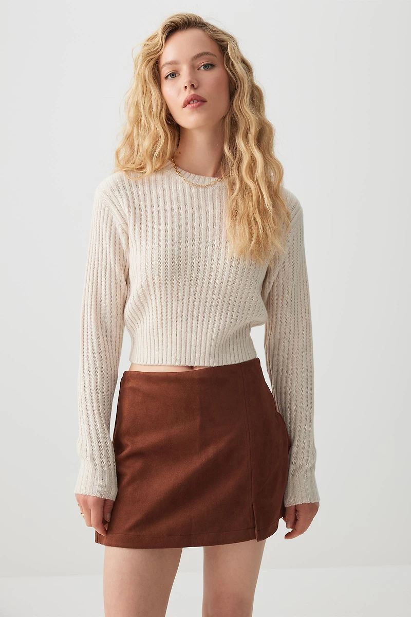 Ardene Crop Crew Neck Sweater in Beige | Size