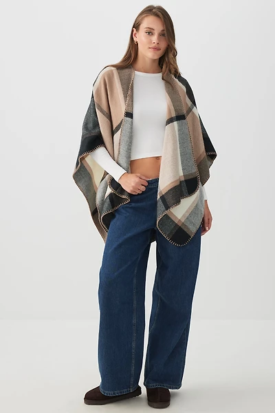 Ardene Blanket Stitch Plaid Shawl in Beige | 100% Acrylic