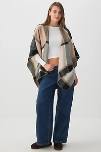 Ardene Blanket Stitch Plaid Shawl in Beige | 100% Acrylic