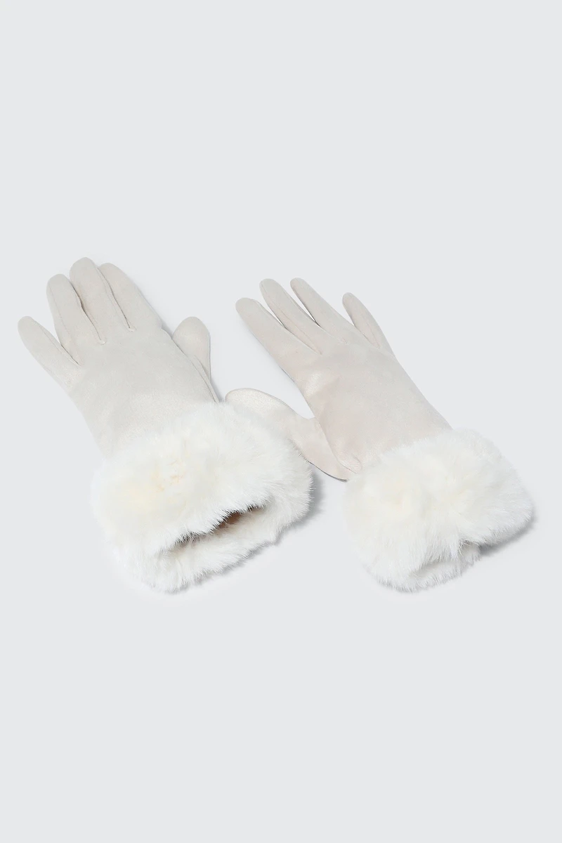 Ardene Faux Suede Gloves with Faux Fur Cuffs in Off-White | Polyester