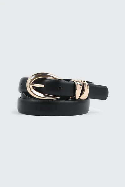 Ardene Oval Buckle Belt with Asymmetrical Loops in Black | Size | Faux Leather
