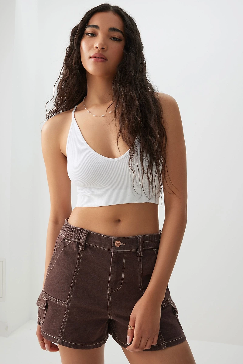 Short midi taille haute à coutures contrastantes