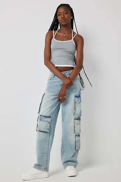 Ardene Mid Rise Wide Leg Cargo Jean in Light Blue | Size | 100% Cotton