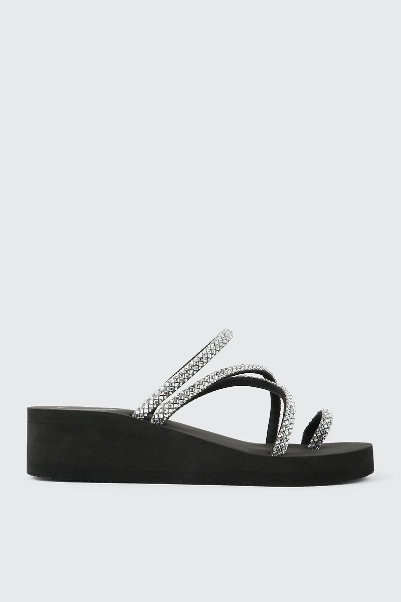 Ardene Embellished Multi Strap Wedge Sandals in Black | Size