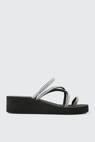 Ardene Embellished Multi Strap Wedge Sandals in Black | Size