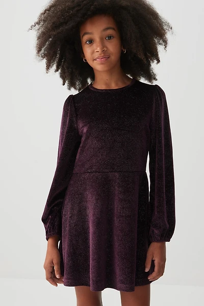 Ardene Kids Shiny Velvet Puff Sleeve Dress in Dark Purple | Size | Polyester/Elastane