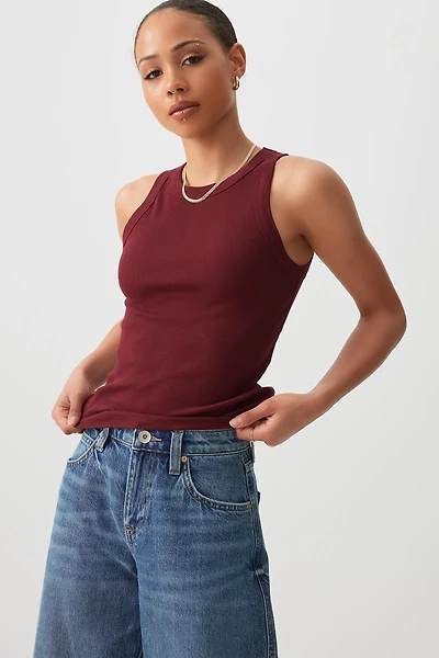 Ardene Basic Rib High Neck Tank Top in Burgundy | Size | Cotton/Elastane