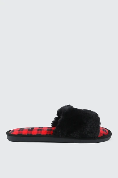 Ardene Plaid Faux Fur Slippers in Red | Size
