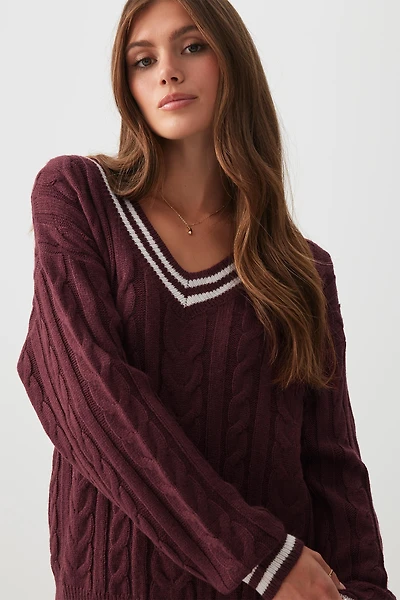 Ardene Cable Knit V-Neck Sweater in Burgundy | Size | 100% Acrylic