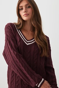 Ardene Cable Knit V-Neck Sweater in Burgundy | Size | 100% Acrylic