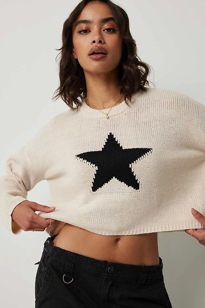 Ardene Star Crop Sweater in Beige | Size Large | 100% Acrylic