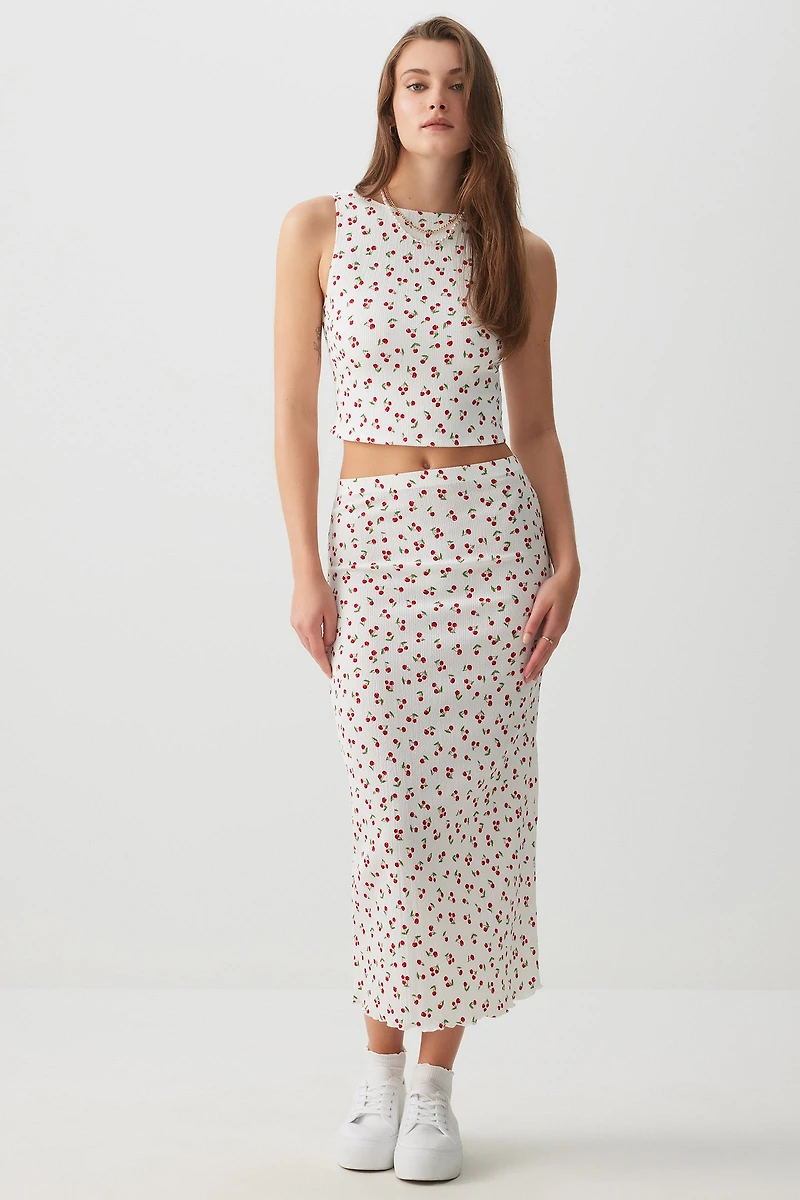 Ardene Lettuce Hem Rib Maxi Skirt in White | Size Small | Polyester/Spandex