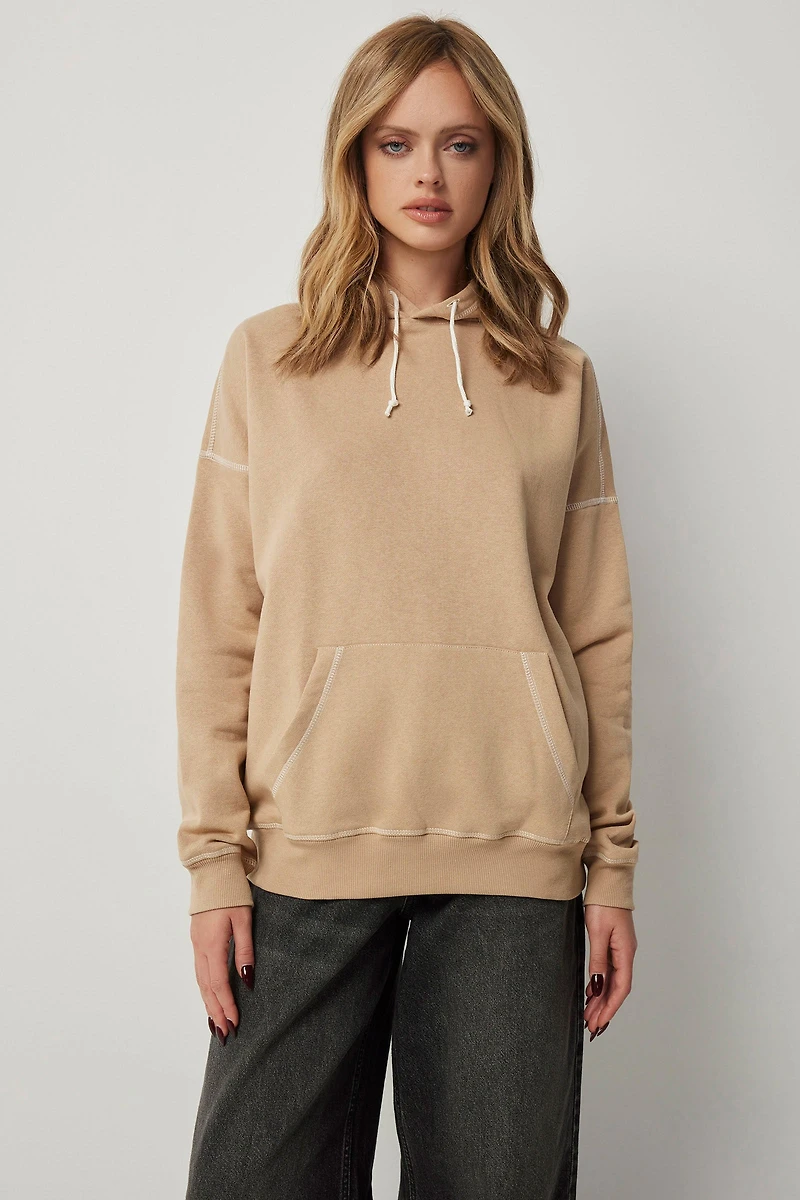 Ardene Exposed Seam Hoodie in Beige | Size Small | Polyester/Cotton | Fleece-Lined